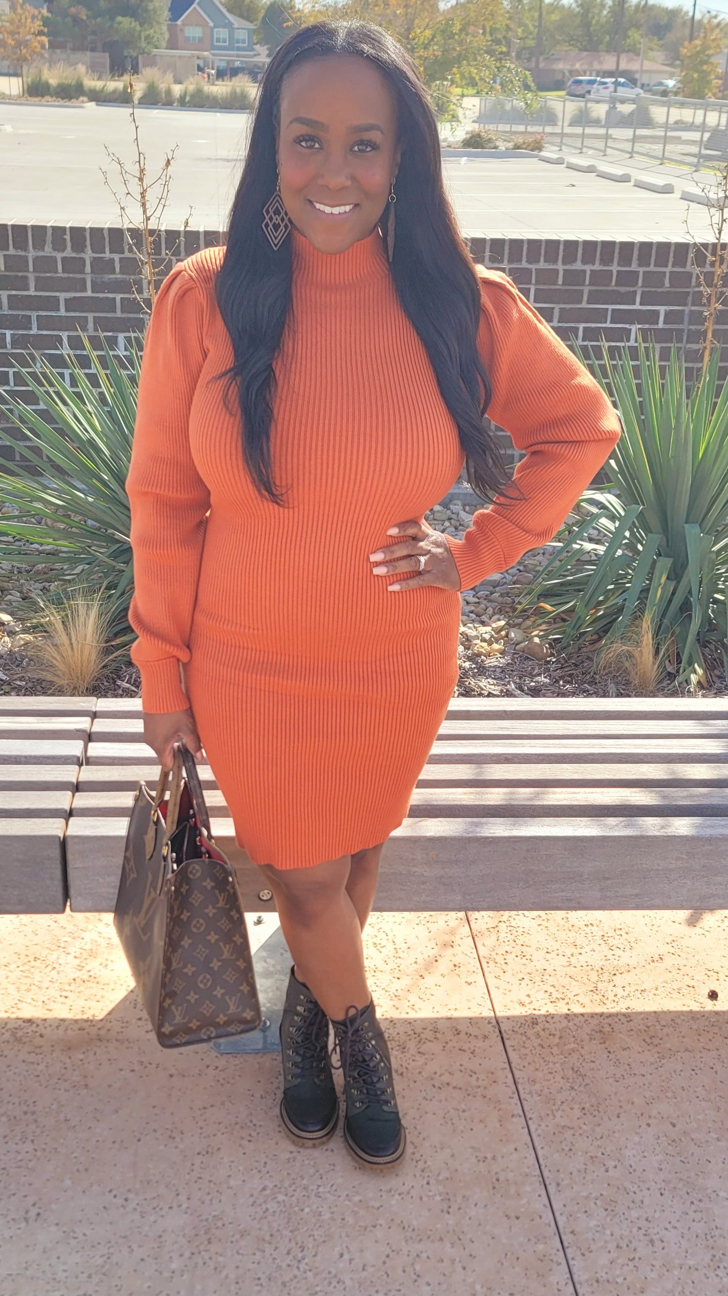 Mock Turtle Neck Sweater Dress - Rust