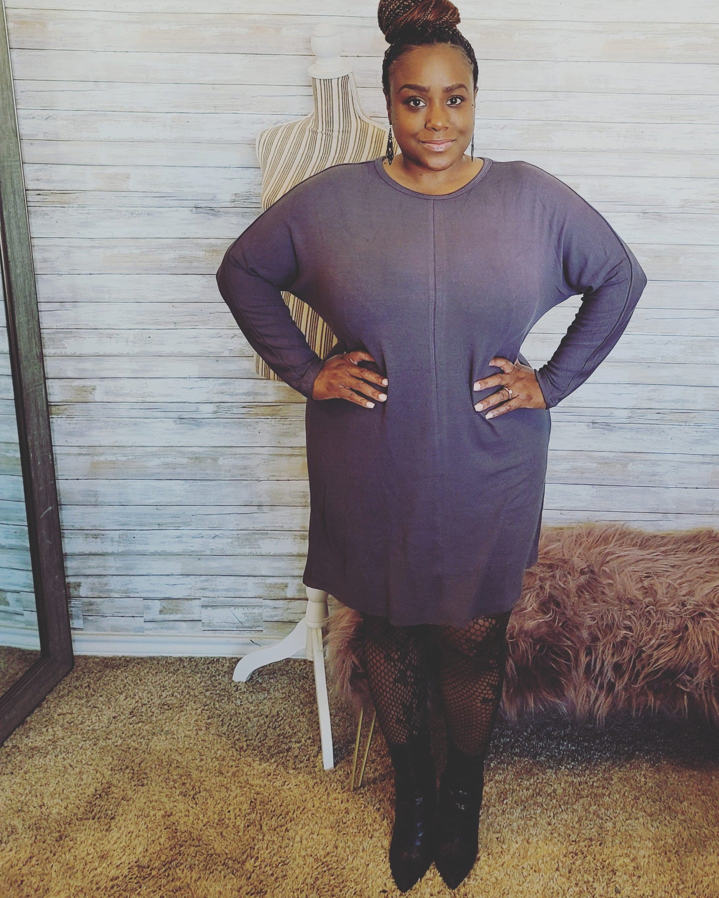 Batwing Sweater Dress - Charcoal